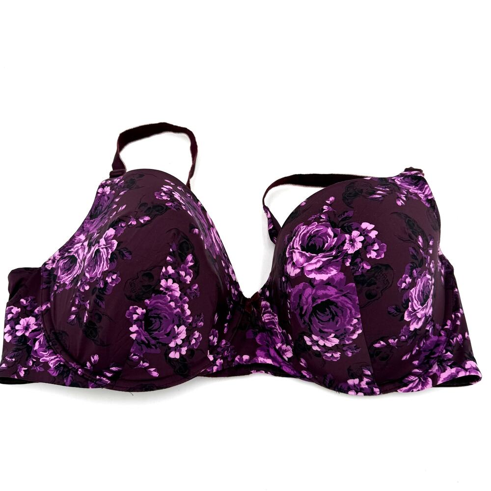 Torrid Curves Purple Floral Back Smoothing T-Shirt Bra Size 42D